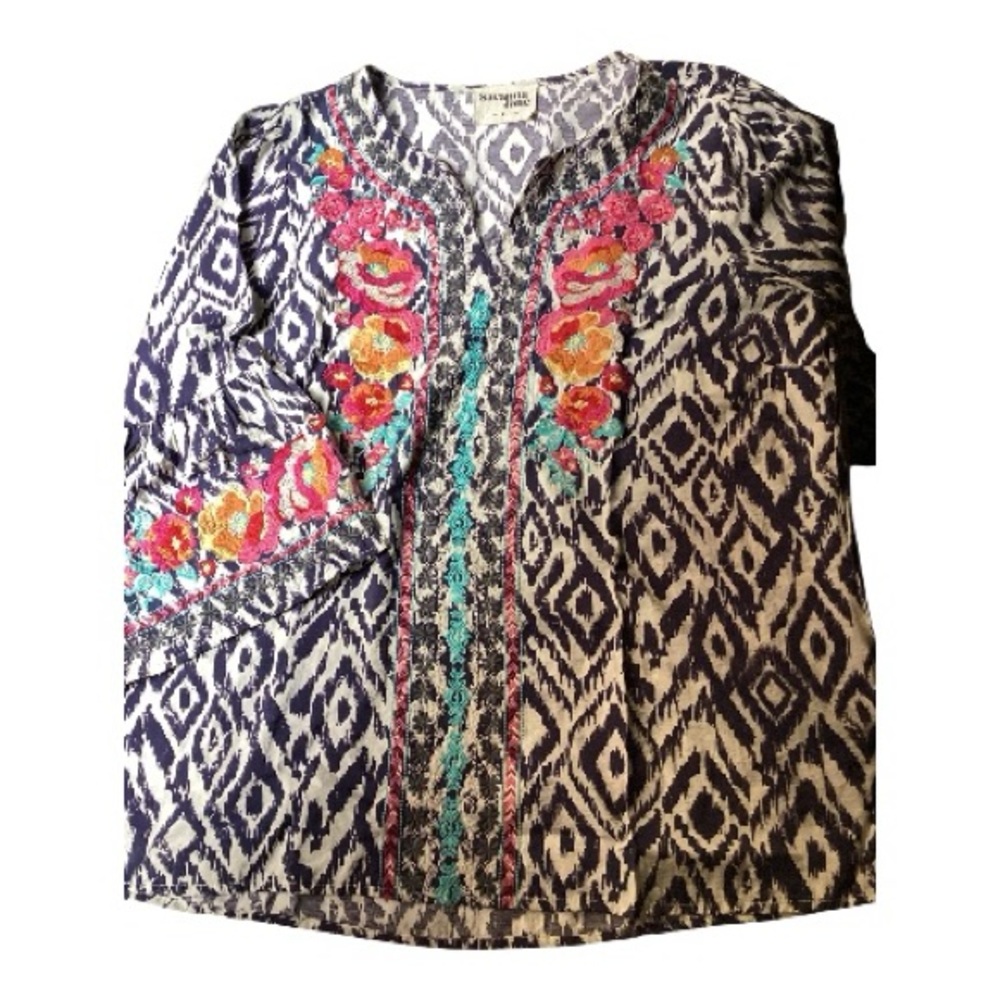 Savanna Jane Navy & White Ikat Tunic with Multicolor Floral Embroidery